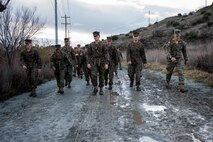 U.S. Marines with Headquarters Battalion, 1st Marine Division, participate in a conditioning hike at Marine Corps Base Camp Pendleton, Calif., Jan. 7, 2016. Headquarters Battalion conducted a conditioning hike to maintain combat and physical fitness standards. (U.S. Marine Corps Combat Camera photograph by Lance Cpl. Adrianna R. Lincoln/RELEASED)