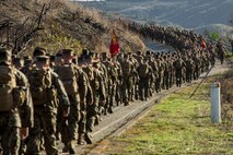U.S. Marines with Headquarters Battalion, 1st Marine Division, participate in a conditioning hike at Marine Corps Base Camp Pendleton, Calif., Jan. 7, 2016. Headquarters Battalion conducted a conditioning hike to maintain combat and physical fitness standards. (U.S. Marine Corps Combat Camera photograph by Lance Cpl. Adrianna R. Lincoln/RELEASED)