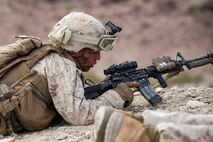 U.S. Marines with 2nd Battalion, 7th Marine Regiment, and 1st Combat Engineer Battalion conduct platoon supported live fire attacks on Range 410A during Integrated Training Exercise 2-16 at Marine Corps Air Ground Combat Center Twentynine Palms, Calif., Jan. 22, 2016. Marines with 2/7 are currently participating in Integrated Training Exercise 2-16 in preparation for deployment with Special Purpose Marine Air Ground Task Force - Crisis Response - Central Command. (U.S. Marine Corps Combat Camera photo by Cpl. Trever A. Statz/Released)