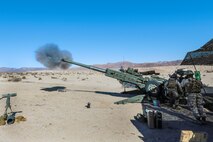 U.S. Marines with Battery A, 1st Battalion, 12th Marine Regiment, provide artillery fire support for Fire Support Coordination Exercise (FSCEX) during Integrated Training Exercise 2-16 at Marine Corps Air Ground Combat Center Twentynine Palms, Calif., Jan. 24, 2016. The battalion participated in FSCEX to enhance their skillset and proficiency pertaining to suppression of enemy air defense and supporting the ground scheme of maneuver. (U.S. Marine Corps photo by Cpl. Trever A. Statz/Released)