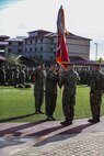U.S. Marine Corps Col. Paul J. Nugent, commanding officer, Headquarters Battalion, 1st Marine Division, relinquishes command to Lt. Col. Michael Nakonieczny during a change of command ceremony at Marine Corps Base Camp Pendleton, Calif., Jan. 7, 2016. A change of command is a military tradition that represents a formal transfer of authority and responsibility for a unit from one commanding officer to another. (U.S. Marine Corps photo by Lance Cpl. Nathaniel Castillo, 1st Marine Division Combat Camera/Released)
