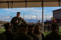 U.S. Marine Corps Maj. Gen. Daniel J. O'Donohue, commanding general, 1st Marine Division, addresses the crowd during a change of command ceremony at Marine Corps Base Camp Pendleton, Calif., Jan. 7, 2016. U.S. Marine Corps Col. Paul J. Nugent, commanding officer, Headquarters Battalion, 1st Marine Division, relinquished command to Lt. Col. Michael Nakonieczny. (U.S. Marine Corps photo by Lance Cpl. Nathaniel Castillo, 1st Marine Division Combat Camera/Released)