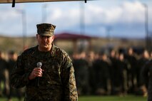 U.S. Marine Corps Maj. Gen. Daniel J. O'Donohue, commanding general, 1st Marine Division, addresses the crowd during a change of command ceremony at Marine Corps Base Camp Pendleton, Calif., Jan. 7, 2016. U.S. Marine Corps Col. Paul J. Nugent, commanding officer, Headquarters Battalion, 1st Marine Division, relinquished command to Lt. Col. Michael Nakonieczny. (U.S. Marine Corps photo by Lance Cpl. Nathaniel Castillo, 1st Marine Division Combat Camera/Released)