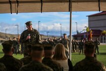 U.S. Marine Corps Maj. Gen. Daniel J. O'Donohue, commanding general, 1st Marine Division, addresses the crowd during a change of command ceremony at Marine Corps Base Camp Pendleton, Calif., Jan. 7, 2016. U.S. Marine Corps Col. Paul J. Nugent, commanding officer, Headquarters Battalion, 1st Marine Division, relinquished command to Lt. Col. Michael Nakonieczny. (U.S. Marine Corps photo by Lance Cpl. Nathaniel Castillo, 1st Marine Division Combat Camera/Released)