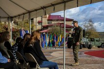 U.S. Marine Corps Maj. Gen. Daniel J. O'Donohue, commanding general, 1st Marine Division, addresses the crowd during a change of command ceremony at Marine Corps Base Camp Pendleton, Calif., Jan. 7, 2016. U.S. Marine Corps Col. Paul J. Nugent, commanding officer, Headquarters Battalion, 1st Marine Division, relinquished command to Lt. Col. Michael Nakonieczny. (U.S. Marine Corps photo by Lance Cpl. Nathaniel Castillo, 1st Marine Division Combat Camera/Released)