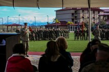 U.S. Marine Corps Col. Paul J. Nugent addresses the crowd during a change of command ceremony at Marine Corps Base Camp Pendleton, Calif., Jan. 7, 2016. U.S. Marine Corps Col. Paul J. Nugent, commanding officer, Headquarters Battalion, 1st Marine Division, relinquished command to Lt. Col. Michael Nakonieczny. (U.S. Marine Corps photo by Lance Cpl. Nathaniel Castillo, 1st Marine Division Combat Camera/Released)