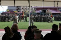 U.S. Marine Corps Col. Paul J. Nugent addresses the crowd during a change of command ceremony at Marine Corps Base Camp Pendleton, Calif., Jan. 7, 2016. U.S. Marine Corps Col. Paul J. Nugent, commanding officer, Headquarters Battalion, 1st Marine Division, relinquished command to Lt. Col. Michael Nakonieczny. (U.S. Marine Corps photo by Lance Cpl. Nathaniel Castillo, 1st Marine Division Combat Camera/Released)