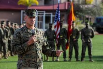 U.S. Marine Corps Col. Paul J. Nugent addresses the crowd during a change of command ceremony at Marine Corps Base Camp Pendleton, Calif., Jan. 7, 2016. U.S. Marine Corps Col. Paul J. Nugent, commanding officer, Headquarters Battalion, 1st Marine Division, relinquished command to Lt. Col. Michael Nakonieczny. (U.S. Marine Corps photo by Lance Cpl. Nathaniel Castillo, 1st Marine Division Combat Camera/Released)