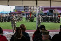 U.S. Marine Corps Col. Paul J. Nugent addresses the crowd during a change of command ceremony at Marine Corps Base Camp Pendleton, Calif., Jan. 7, 2016. U.S. Marine Corps Col. Paul J. Nugent, commanding officer, Headquarters Battalion, 1st Marine Division, relinquished command to Lt. Col. Michael Nakonieczny. (U.S. Marine Corps photo by Lance Cpl. Nathaniel Castillo, 1st Marine Division Combat Camera/Released)