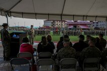 U.S. Marine Corps Col. Paul J. Nugent addresses the crowd during a change of command ceremony at Marine Corps Base Camp Pendleton, Calif., Jan. 7, 2016. U.S. Marine Corps Col. Paul J. Nugent, commanding officer, Headquarters Battalion, 1st Marine Division, relinquished command to Lt. Col. Michael Nakonieczny. (U.S. Marine Corps photo by Lance Cpl. Nathaniel Castillo, 1st Marine Division Combat Camera/Released)