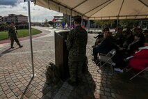 U.S. Marine Corps Col. Paul J. Nugent addresses the crowd during a change of command ceremony at Marine Corps Base Camp Pendleton, Calif., Jan. 7, 2016. U.S. Marine Corps Col. Paul J. Nugent, commanding officer, Headquarters Battalion, 1st Marine Division, relinquished command to Lt. Col. Michael Nakonieczny. (U.S. Marine Corps photo by Lance Cpl. Nathaniel Castillo, 1st Marine Division Combat Camera/Released)