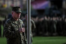 U.S. Marine Corps Lt. Col. Michael Nakonieczny, commanding officer, Headquarters Battalion, 1st Marine Division, addresses the crowd during a change of command ceremony at Marine Corps Base Camp Pendleton, Calif., Jan. 7, 2016. U.S. Marine Corps Col. Paul J. Nugent, commanding officer, Headquarters Battalion, 1st Marine Division, relinquished command to Lt. Col. Michael Nakonieczny. (U.S. Marine Corps photo by Lance Cpl. Nathaniel Castillo, 1st Marine Division Combat Camera/Released)