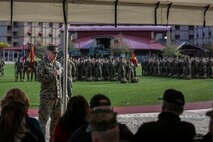 U.S. Marine Corps Lt. Col. Michael Nakonieczny, commanding officer, Headquarters Battalion, 1st Marine Division, addresses the crowd during a change of command ceremony at Marine Corps Base Camp Pendleton, Calif., Jan. 7, 2016. A change of command is a military tradition that represents a formal transfer of authority and responsibility for a unit from one commanding officer to another. (U.S. Marine Corps photo by Lance Cpl. Nathaniel Castillo, 1st Marine Division Combat Camera/Released)