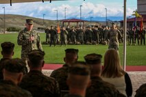 U.S. Marine Corps Lt. Col. Michael Nakonieczny, commanding officer, Headquarters Battalion, 1st Marine Division, addresses the crowd during a change of command ceremony at Marine Corps Base Camp Pendleton, Calif., Jan. 7, 2016. A change of command is a military tradition that represents a formal transfer of authority and responsibility for a unit from one commanding officer to another. (U.S. Marine Corps photo by Lance Cpl. Nathaniel Castillo, 1st Marine Division Combat Camera/Released)