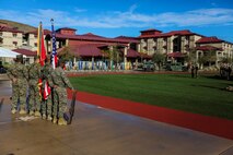 U.S. Marine with Headquarters Battalion, 1st Marine Division attend a change of command ceremony at Marine Corps Base Camp Pendleton, Calif., Jan. 7, 2016. U.S. Marine Corps Col. Paul J. Nugent, commanding officer, Headquarters Battalion, 1st Marine Division, relinquished command to Lt. Col. Michael Nakonieczny. (U.S. Marine Corps photo by Lance Cpl. Nathaniel Castillo, 1st Marine Division Combat Camera/Released)