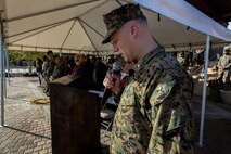 U.S. Marine Corps Col. Paul J. Nugent, commanding officer, Headquarters Battalion, 1st Marine Division, relinquishes command to Lt. Col. Michael Nakonieczny during a change of command ceremony at Marine Corps Base Camp Pendleton, Calif., Jan. 7, 2016. A change of command is a military tradition that represents a formal transfer of authority and responsibility for a unit from one commanding officer to another. (U.S. Marine Corps photo by Lance Cpl. Nathaniel Castillo, 1st Marine Division Combat Camera/Released)
