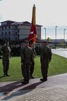 U.S. Marine Corps Col. Paul J. Nugent, commanding officer, Headquarters Battalion, 1st Marine Division, relinquishes command to Lt. Col. Michael Nakonieczny during a change of command ceremony at Marine Corps Base Camp Pendleton, Calif., Jan. 7, 2016. A change of command is a military tradition that represents a formal transfer of authority and responsibility for a unit from one commanding officer to another. (U.S. Marine Corps photo by Lance Cpl. Nathaniel Castillo, 1st Marine Division Combat Camera/Released)