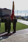 U.S. Marine Corps Col. Paul J. Nugent, commanding officer, Headquarters Battalion, 1st Marine Division, relinquishes command to Lt. Col. Michael Nakonieczny during a change of command ceremony at Marine Corps Base Camp Pendleton, Calif., Jan. 7, 2016. A change of command is a military tradition that represents a formal transfer of authority and responsibility for a unit from one commanding officer to another. (U.S. Marine Corps photo by Lance Cpl. Nathaniel Castillo, 1st Marine Division Combat Camera/Released)