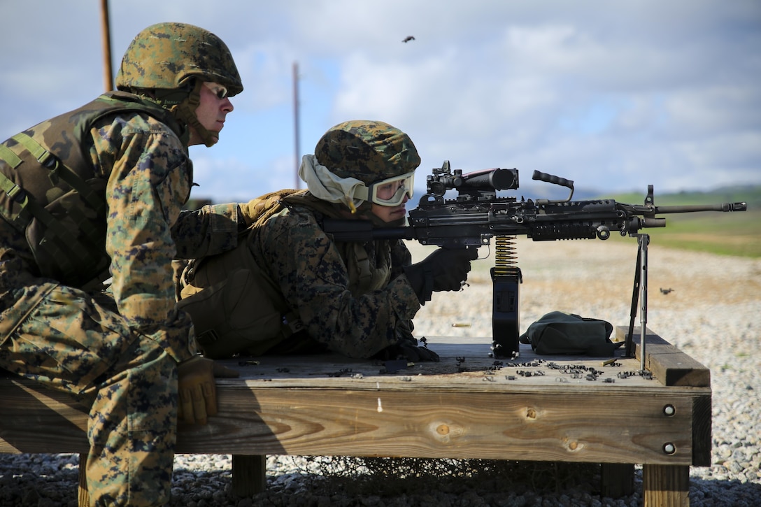 Lance Cpl. Ethan Evans (left), a motor transport mechanic with 6th Air Naval Gunfire Liaison Company, Force Headquarters Group, instructs Lance Cpl. Jacob Levy, a ground electronic maintenance technician with 6th ANGLICO, on the M249 squad automatic weapon range Jan 23, 2016 at Camp Roberts, Calif. The Marines of 6th ANGLICO conducted call-for-fire exercises and machine gun ranges alongside mortar platoons from 2nd Battalion, 23rd Marine Regiment, 4th Marine Division, to complete comprehensive live-fire training. 