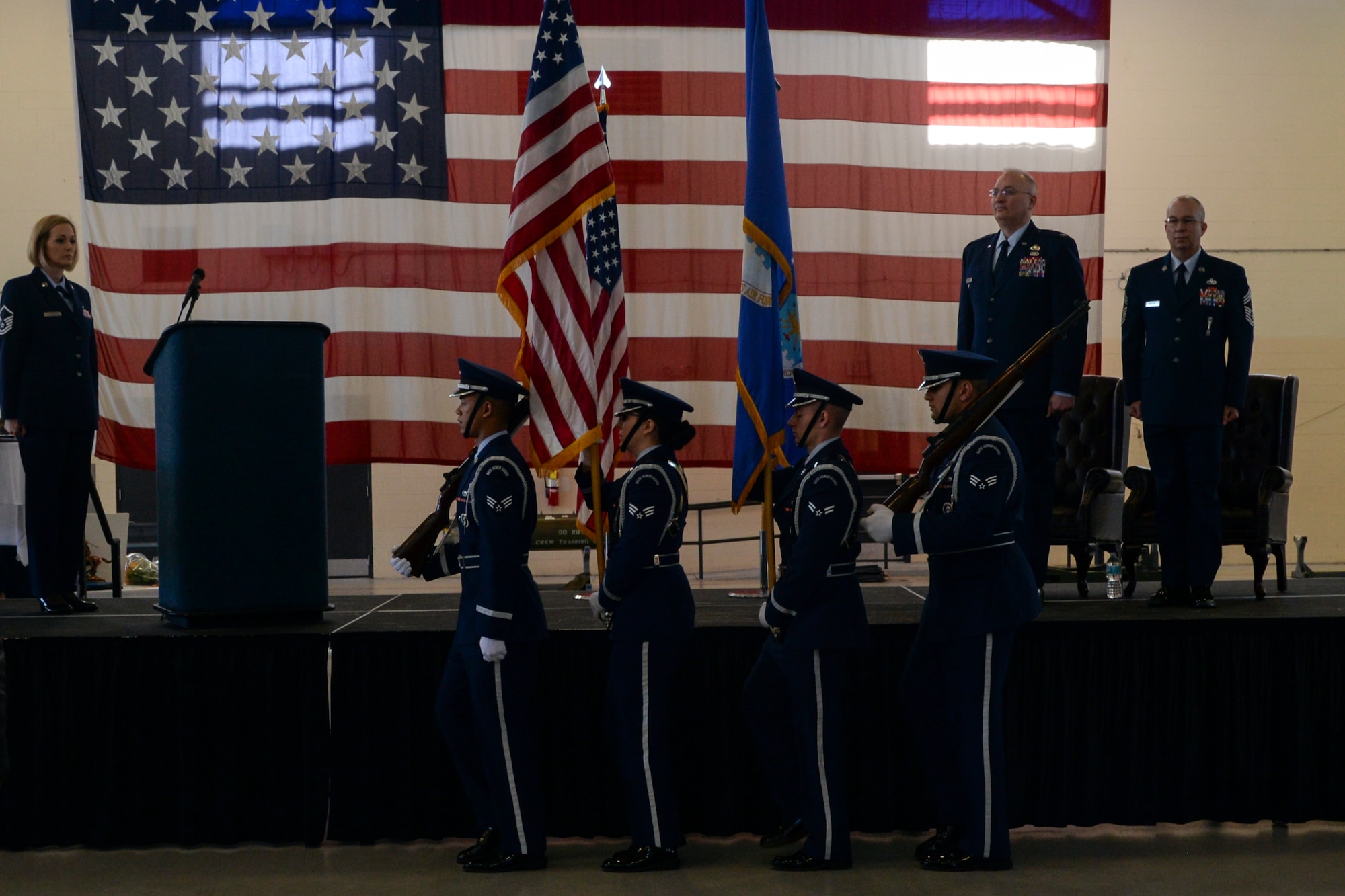 Moody’s Base Honor Guard presents the colors during a retirement ceremony honoring U.S. Air Force Chief Master Sgt. William Medlin, 23d Maintenance Group superintendent, Jan. 29, 2016, at Moody Air Force Base, Ga. Medlin earned the rank of Chief Master Sgt. Aug. 1, 2009.(U.S. Air Force photo by Airman 1st Class Janiqua P. Robinson/Released)
