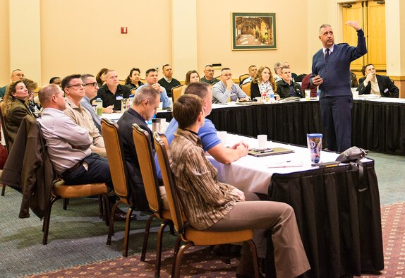 Col. Richard Tatem, Individual Mobility Augmentee to the Director of the Profession of Arms Center of Excellence (PACE), teaches a class on Enhancing Human Capital to 433rd Airlift Wing commanders Jan. 27, 2016 during an in-house commander's conference at Joint Base San Antonio-Lackland, Texas. Tatem's course, is focused on self-reflection as a technique to better lead Airmen. (U.S. Air Force photo by Benjamin Faske) (released)