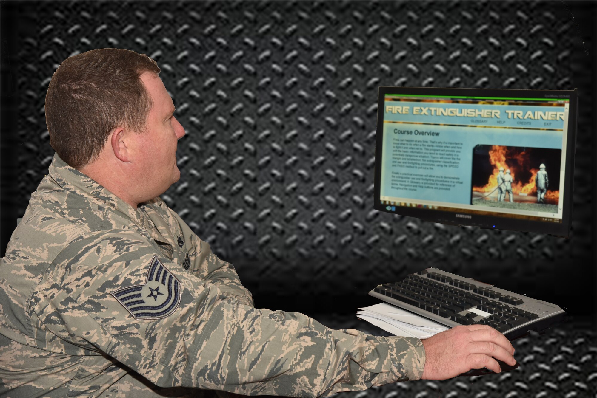 Tech. Sgt. Erik Crews, Non-destructive inspection specialist, 927th Maintenance Squadron, used his Air Force computer based training when a neighbor knocked to report a burning house, Jan. 17, 2015. Crews didn't use a fire extinguisher, although remembered the procedures and ensured minimal property damage and no injuries. (U.S. Photo Illustration by Staff Sgt. Adam C. Borgman)