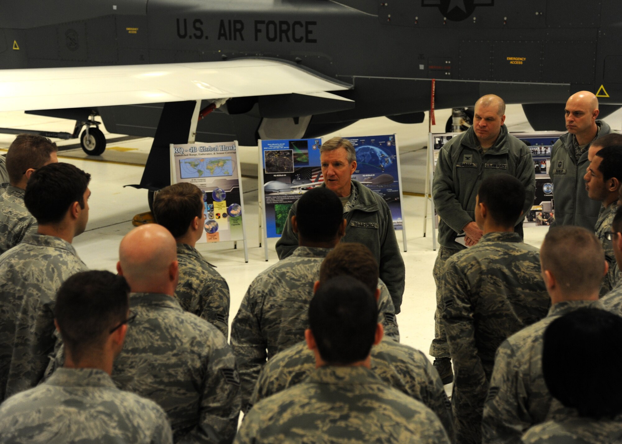 Gen. Herbert J. Hawk Carlisle, commander of Air Combat Command, addresses members of the 69th Reconnaissance Group Feb. 1, 2016, on Grand Forks Air Force Base, N.D. Carlisle spoke about the potential for enlisted Airmen to become remotely-piloted aircraft pilots. (U.S. Air Force photo by Airman 1st Class Ryan Sparks/Released)
