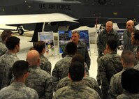 Gen. Herbert J. Hawk Carlisle, commander of Air Combat Command, addresses members of the 69th Reconnaissance Group Feb. 1, 2016, on Grand Forks Air Force Base, N.D. Carlisle spoke about the potential for enlisted Airmen to become remotely-piloted aircraft pilots. (U.S. Air Force photo by Airman 1st Class Ryan Sparks/Released)
