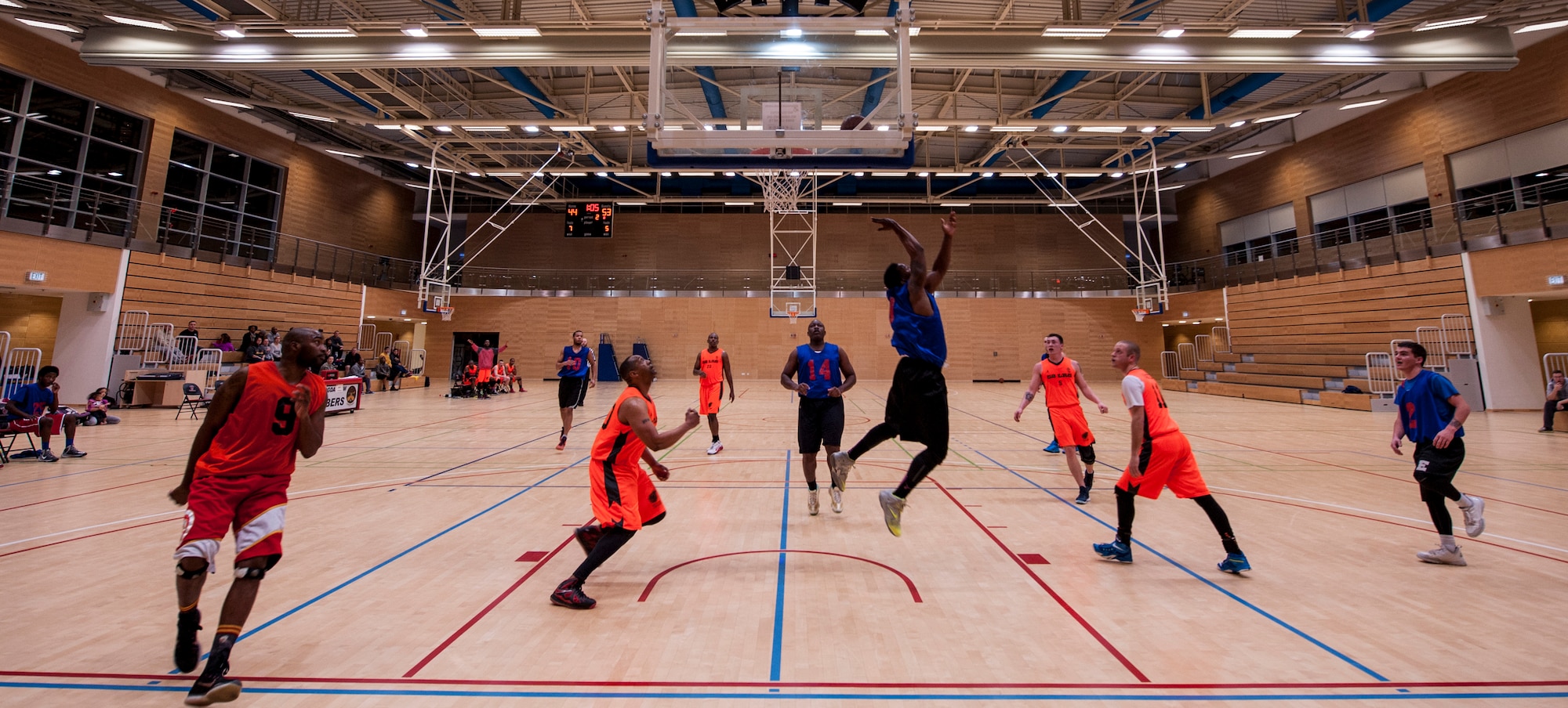 The 52nd Logistics Readiness Squadron and 52nd Maintenance Group intramural basketball teams play in the Intramural Championship game Jan. 28, 2016, at Spangdahlem Air Base, Germany. The two teams battled to be called champions and, ultimately the 52nd Logistics Readiness Squadron won the game 54-52. (U.S. Air Force photo by Senior Airman Rusty Frank/Released)