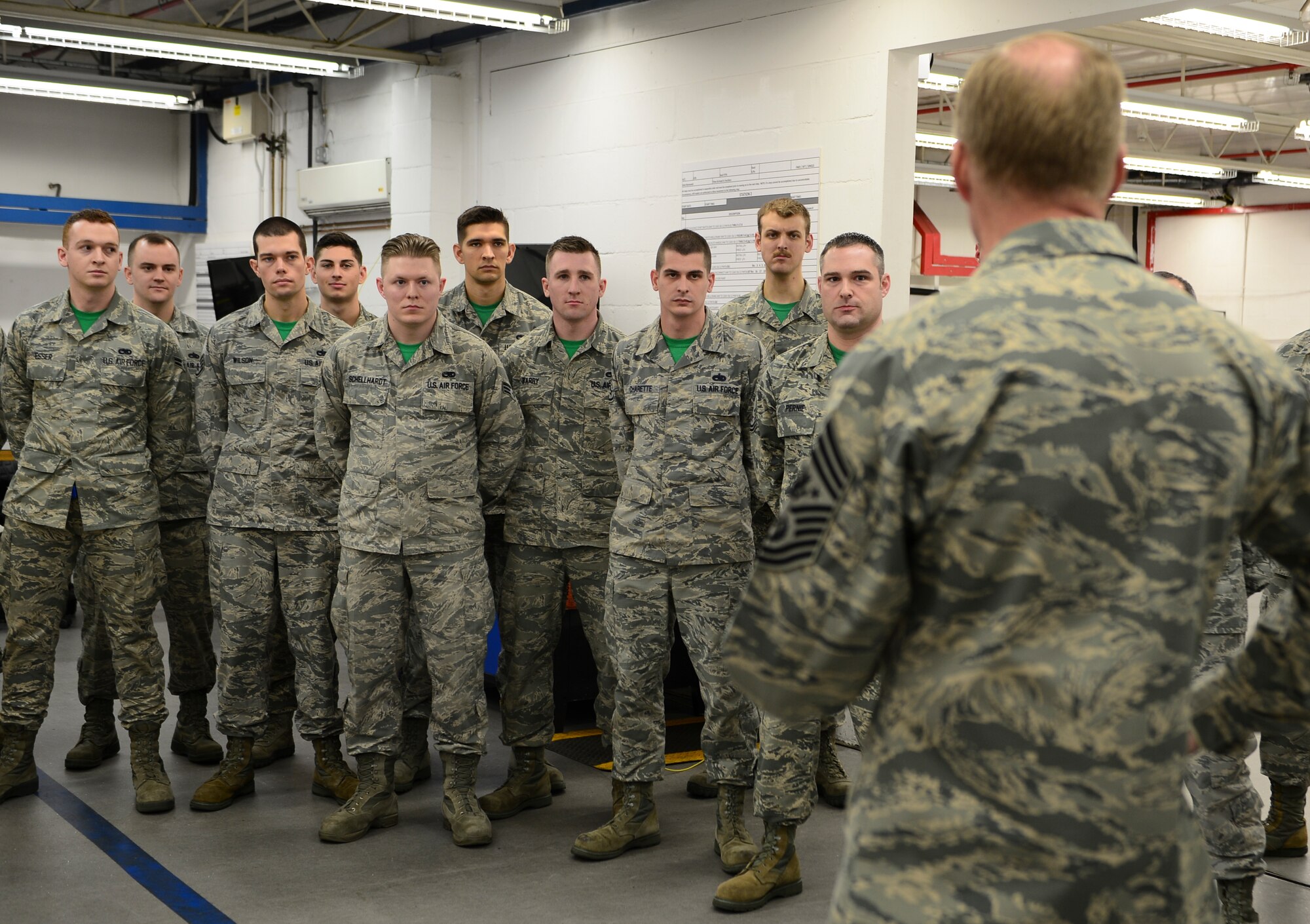 Chief Master Sgt. of the Air Force James Cody mentors Airmen from the 48th Component Maintenance Squadron Egress shop during his tour of Royal Air Force Lakenheath, England, January 29, 2016. Cody’s visit to the base was part of his trip to Europe to tour bases throughout U.S. Air Forces in Europe. (U.S. Air Force photo by Senior Airman Dawn M. Weber/Released)