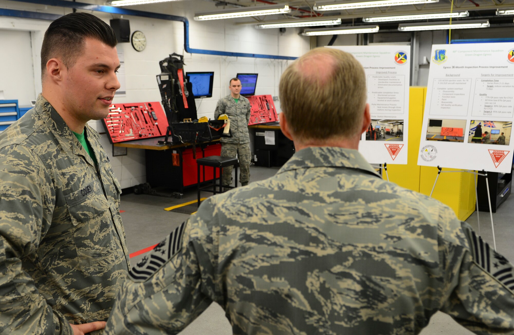 Chief Master Sgt. of the Air Force James Cody is briefed by Technical Sgt. Ryan Couey, 48th Component Maintenance Squadron aircrew egress systems craftsman, during his tour of Royal Air Force Lakenheath, England, January 28, 2016. He spoke with Airmen throughout the wing and expressed his appreciation for the way the Liberty Wing executes the mission and strives for excellence. (U.S. Air Force photo by Senior Airman Dawn M. Weber/Released)