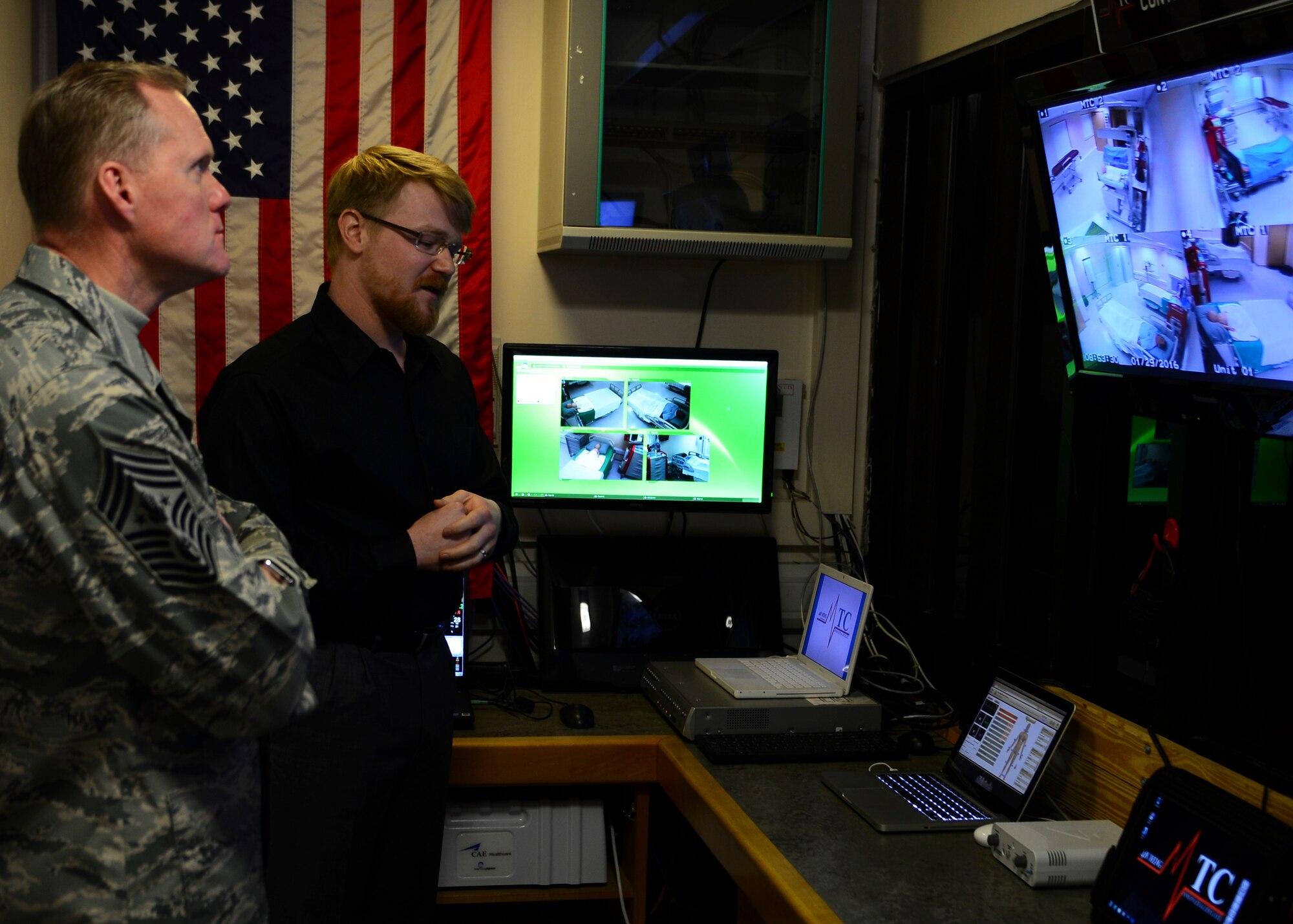 Chief Master Sgt. of the Air Force James Cody tours the medical group simulator center during his visit at Royal Air Force Lakenheath, England, January 28, 2016. Cody’s visit to the base was part of his trip to Europe to tour bases throughout U.S. Air Forces in Europe. (U.S. Air Force photo by Senior Airman Dawn M. Weber/Released)