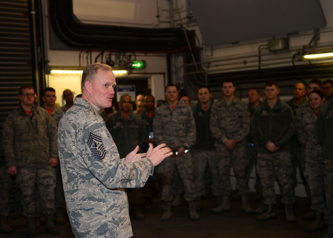 Chief Master Sgt. of the Air Force James Cody took a tour of the munitions shop at Royal Air Force Lakenheath, England, Jan. 29, 2016. Airmen of the 48th Munitions Squadron showed the CMSAF first-hand how they build guided-bomb units. (U.S. Air Force photo by Senior Airman Nigel Sandridge/Released)