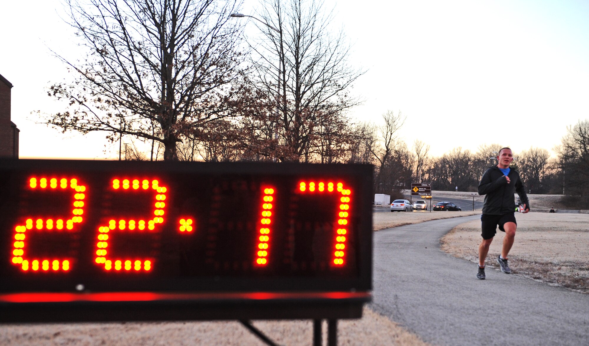 U.S. Air Force Staff Sgt. Zackary Demeter, a 509th Munitions Squadron Resource Advisor, approaches the finish line during the Resolution 5k run at Whiteman Air Force Base, Mo., Jan. 29, 2016. Following the run, the fitness center held an information expo with representatives from support agencies to help individuals reach their 2016 goals. (U.S. Air Force photo by Tech. Sgt. Miguel Lara III)