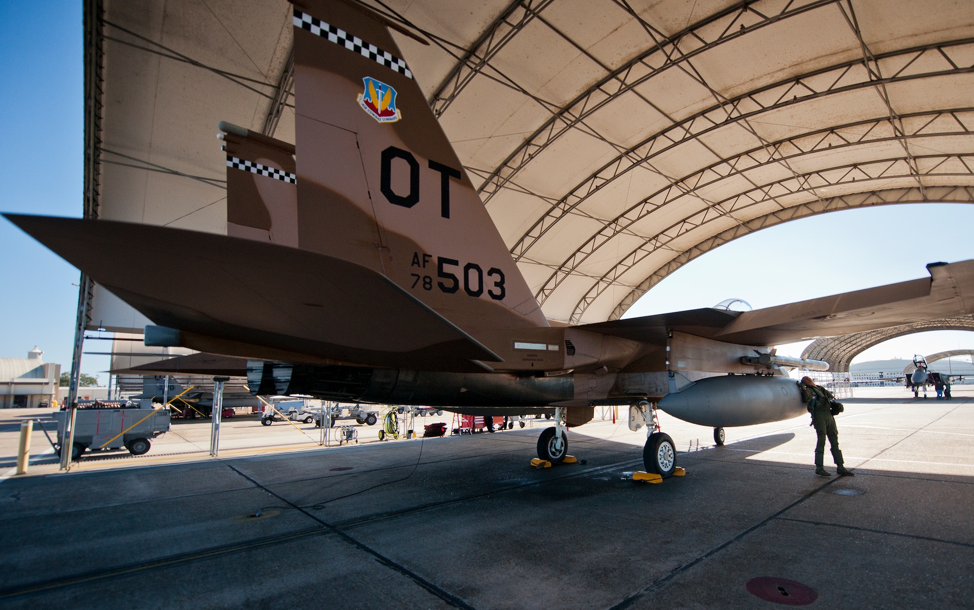 Lt. Col. Matthew Berggren checks the munitions loaded onto his brown camouflage F-15 Eagle prior to a sortie Jan. 20 at Eglin Air Force Base, Fla. The camouflage 85th Test and Evaluation Squadron aircraft is the only one painted this way on the base. Its Jan. 20 sortie marked the last time it would fly with that paint scheme before being returned to the traditional gray. The F-15 was painted that way for its role as an aggressor aircraft in combat flight training exercises at Nellis Air Force Base, Nev. (U.S. Air Force photo/Samuel King Jr.)