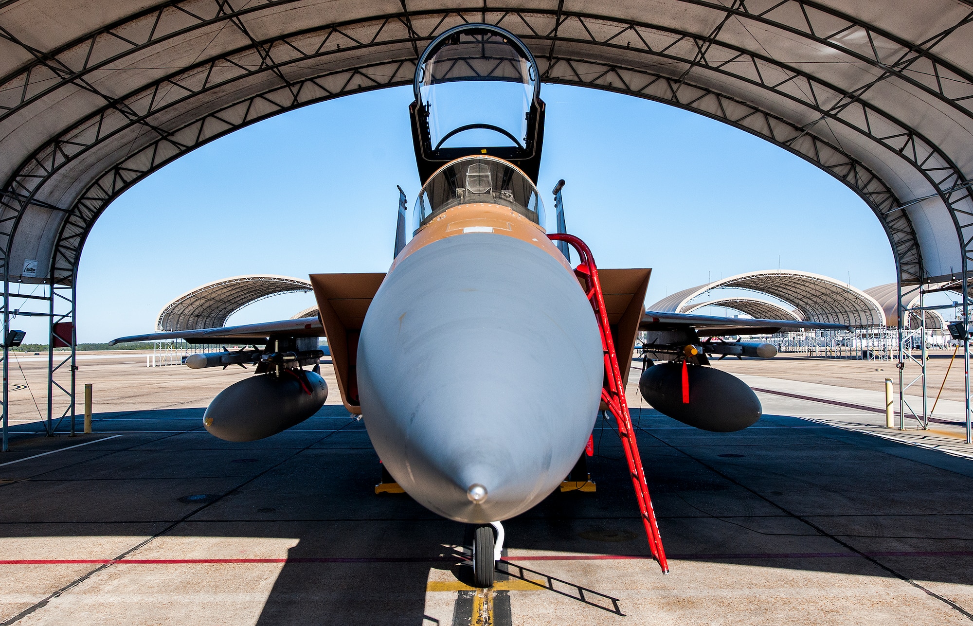 An 85th Test and Evaluation Squadron brown camouflage F-15 Eagle waits for its next mission as a crew chief looks over his checklist Jan. 20 at Eglin Air Force Base, Fla. The camouflage aircraft is the only one painted this way on the base. Its Jan. 20 sortie marked the last time it would fly with that paint scheme before being returned to the traditional gray. The F-15 was painted that way for its role as an aggressor aircraft in combat flight training exercises at Nellis Air Force Base, Nev. (U.S. Air Force photo/Samuel King Jr.)
