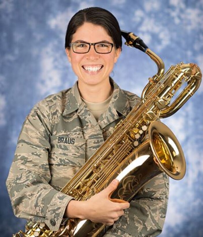 The U.S. Air Force Band welcomes its newest member, Technical Sgt. Carolyn
Braus. Braus serves as baritone saxophonist with the Concert Band. (photo by
Senior Master Sgt. Kevin Burns/released)