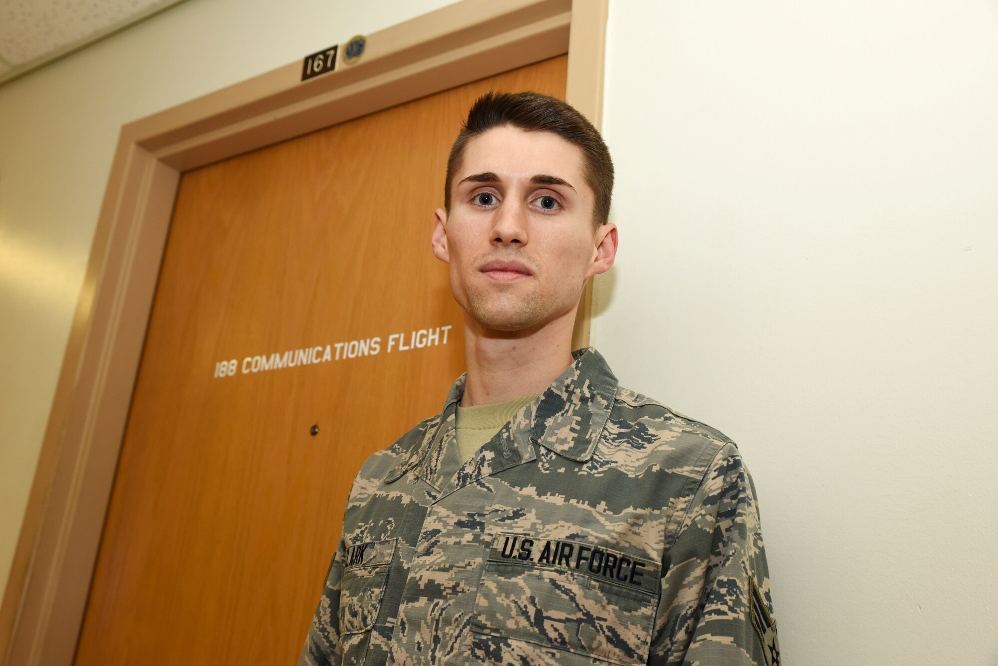 Senior Airman Travis Clark, 188th Communications Flight Focal Point, has been selected as the Flying Razorback Spotlight for February 2016. Clark has been in the 188th Wing for three years and his goal is to reenlist and eventually achieve the rank of technical sergeant. (U.S. Air National Guard photo by Senior Airman Cody Martin/Released)