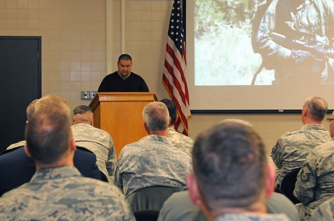 Retired Marine Cpl. Kenneth Toone shares his
post-traumatic stress disorder story with members of the Utah Air National
Guard during the seventh annual Interfaith Devotional held at the Roland R. Wright
Air National Guard Base on Jan. 10, 2016. (U.S. Air National Guard photo by Staff Sgt. Annie Edwards/Released)
