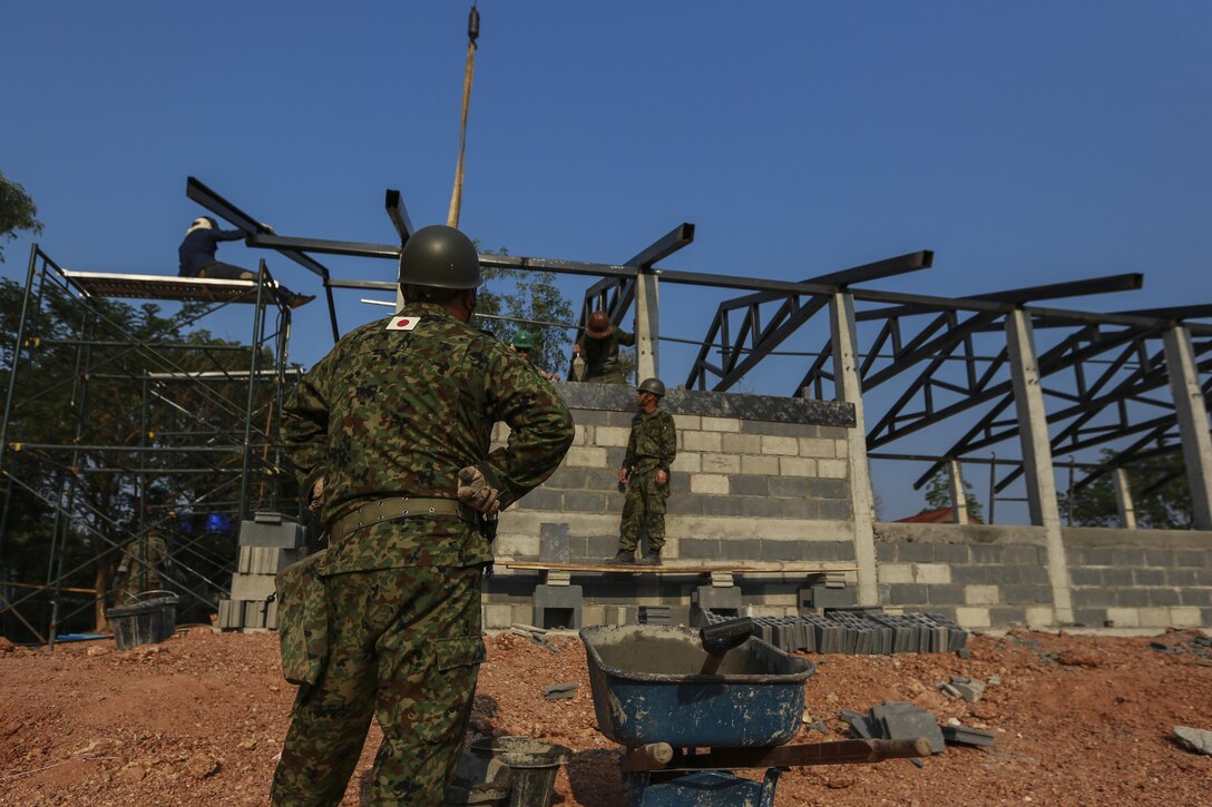 Members of the Royal Thai Navy, Japan Ground Self-Defense Force, and U.S. Marines with Marine Wing Support Squadron 171 work together to build a multi-purpose room for the Banchamkho school during exercise Cobra Gold 2016 in Rayong, Kingdom of Thailand, Jan. 30, 2016. Cobra Gold 2016, in its 35th iteration, includes a specific focus on Humanitarian Civic Action, community engagement, and medical activities conducted during the exercise to support the needs and humanitarian interests of civilian populations around the region.