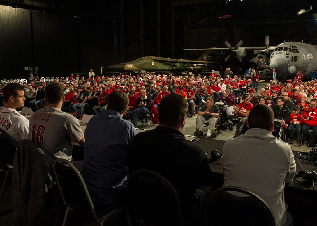 National Museum of the U.S. Air Force visitors had the opportunity to meet members of the Cincinnati Reds organization on January 30th, 2016. Catcher Devin Mesoraco; president of baseball operations Walt Jocketty; minor league pitcher Cody Reed; former catcher Corky Miller; owner Bob Castellini; chief operating officer Phil Castellini; Baseball Hall of Famer Joe Morgan; broadcasters Thom Brennaman and Jim Day and mascot Mr. Redlegs at the museum stop. (U.S. Air Force photo)