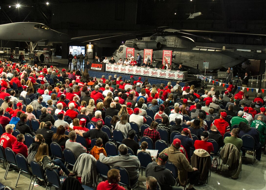 National Museum of the U.S. Air Force visitors had the opportunity to meet members of the Cincinnati Reds organization on January 30th, 2016. Catcher Devin Mesoraco; president of baseball operations Walt Jocketty; minor league pitcher Cody Reed; former catcher Corky Miller; owner Bob Castellini; chief operating officer Phil Castellini; Baseball Hall of Famer Joe Morgan; broadcasters Thom Brennaman and Jim Day and mascot Mr. Redlegs at the museum stop. (U.S. Air Force photo)