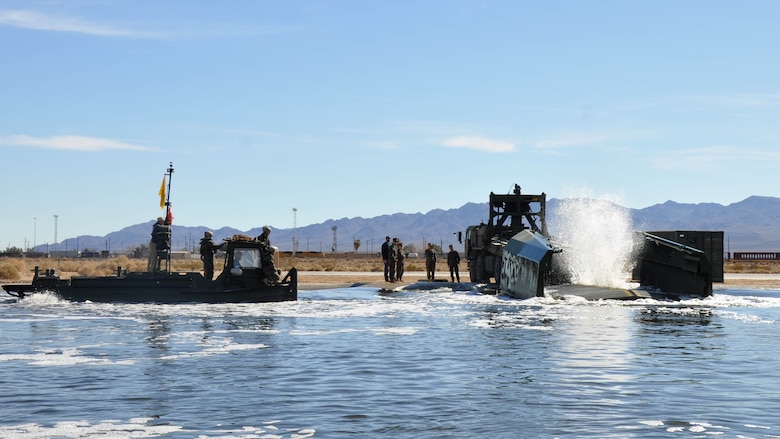 Marines with 7th Engineer Support Battalion from Marine Corps Base Camp Pendleton, Calif., test Improved Ribbon Bridge components with representatives from Marine Corps Systems Command, and Marine Corps Engineer School, at Production Plant Barstow's test pond aboard Marine Corps Logistics Base Barstow’s Yermo Annex, Calif., Jan. 25, 2016.