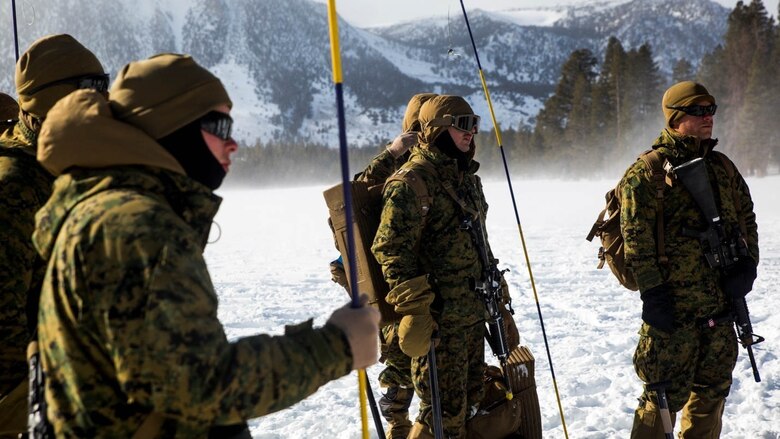 Marines listen to an avalanche probe pole class in the mountains of Bridgeport, California, during Mountain Exercise 1-16, a cold weather training exercise, on Jan. 13, 2016. The training is a prerequisite for a large, multi-national exercise called Cold Response 16 that will take place in Norway, March of this year. Cold Response will test 12 NATO allies’ and partners’ abilities to work together and respond in the case of a crisis.