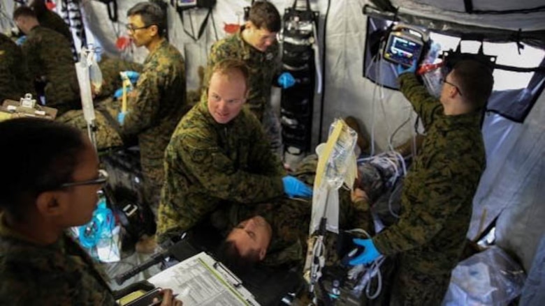 Corpsmen with 2nd Medical Battalion treat notional injuries as part of training exercise in preparation for their upcoming multinational exercise, Cold Response 16.1, in Norway at Marine Corps Base Camp Lejeune, N.C, Jan. 28, 2016.  The corpsmen were evaluated after every scenario in order to better understand what they did for each patient, and why they did it. 
