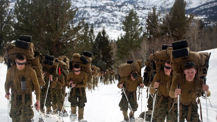 Marines with Combat Logistics Battalion 252 trek up the steep mountains of Bridgeport, California, during Mountain Exercise 1-16, a cold weather training exercise, on Jan. 11, 2016. The training is a prerequisite for a large, multi-national exercise called Cold Response 16 that will take place in Norway, March of this year. Cold Response will challenge 12 NATO allies’ and partners’ abilities to work together and respond in the case of a crisis. 