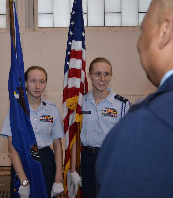 Members of the Civil Air Patrol Squadron 801 Honor Guard in Allentown, Pa., listen to instructions from retired Air Force Tech. Sgt. Anthony Kearse, former 111th Attack Wing Honor Guard member, during a color guard practice at Horsham Air Guard Station, Pa., Jan. 9, 2016. The CAP cadets are looking to begin practicing at Horsham AGS under a partnership agreement with the host wing. Pennsylvania Air National Guard photo by Tech. Sgt. Andria Allmond