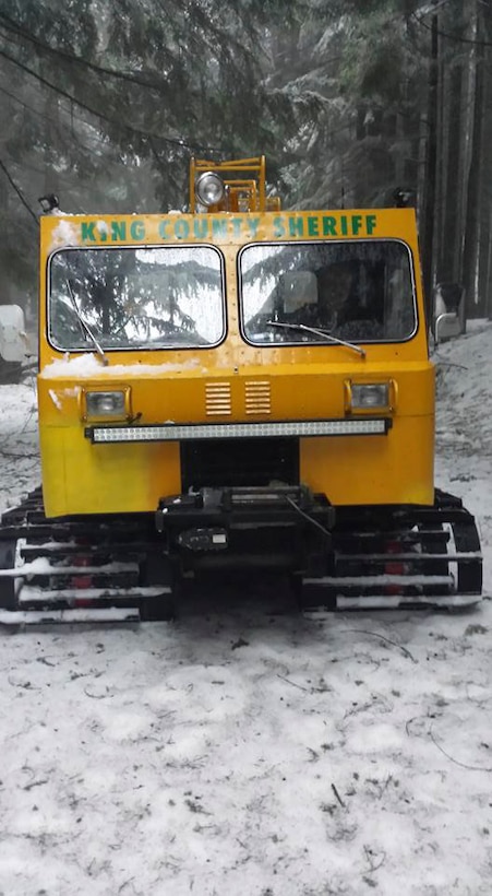 Head on view of the Snowcat working it's way up the trail during the search for two missing hikers. The Sheriff's office recently acquired the cat from DLA Disposition Services. Photo provided by the King County Sheriff's Office 