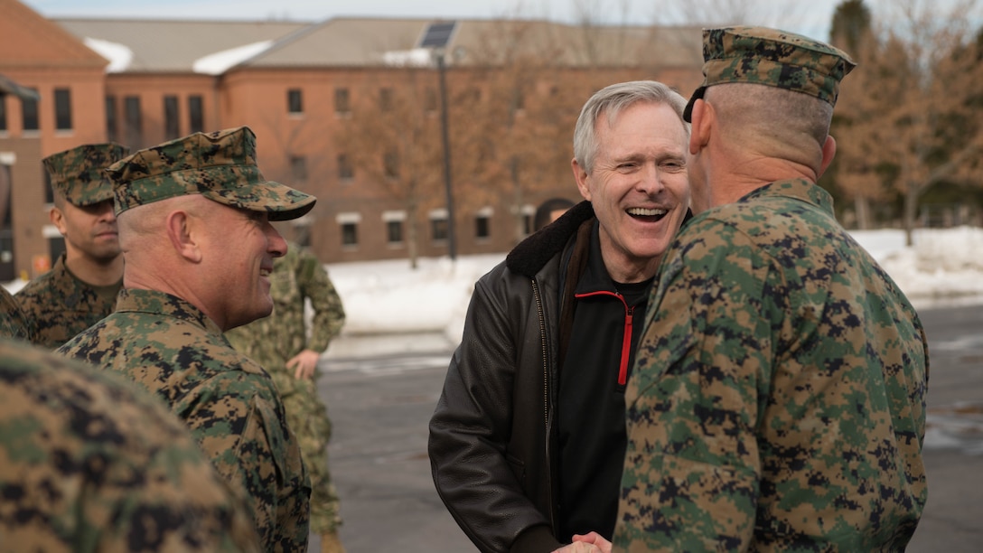 Secretary of the Navy Ray Mabus is greeted by Maj. Gen. James W. Lukeman, right, commanding general, Training and Education Command, and Brig. Gen Austin E. Renforth, left, commanding general, Training Command, during his visit to Officer Candidate School at Marine Corps Base Quantico, Virginia, Jan. 27, 2016. During his visit to Officer Candidate School and The Basic School, Mabus met with the leaders of OCS and TBS to discuss the future of the Marine Corps.