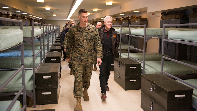 Secretary of the Navy Ray Mabus takes a tour of the barracks at Officer Candidate School during his visit to Marine Corps Base Quantico, Virginia, Jan. 27, 2016. Mabus visited OCS and The Basic School to talk to the officers and staff about the future of the Marine Corps.